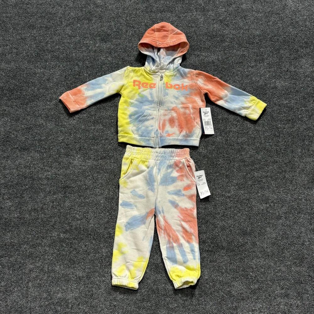 Reebok 2 Piece Sweatsuit Kids 2T Neon Melon Tie Dye Hoodie Jogger Pants Fleece